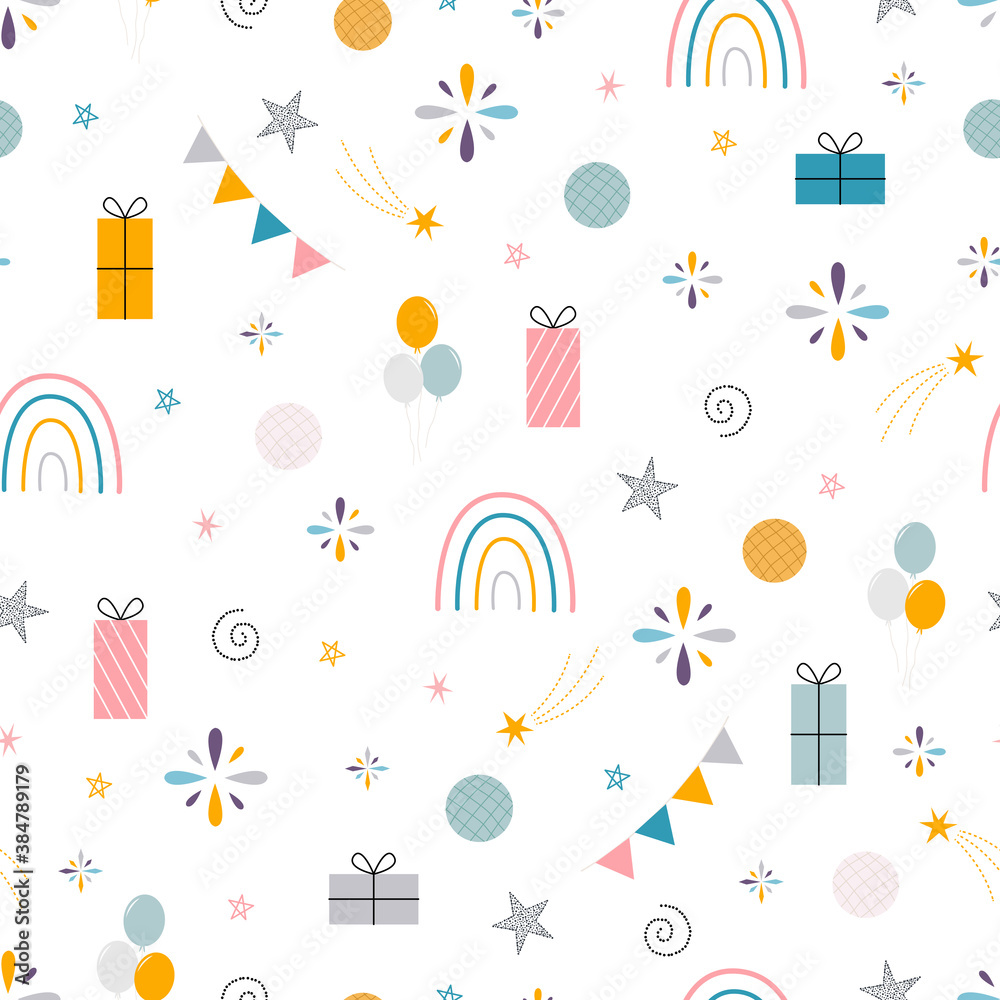 Seamless pattern Celebration background Birthday or New Year's party Hand drawn design in cartoon style Used for printing, wallpaper, textiles Vector illustration