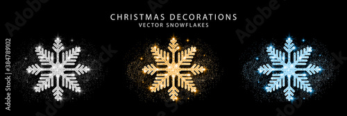Set of glitter snowflake. Golden, silver and blue glittering Christmas decoration. Bright glitter covered snowflakes. Vector.