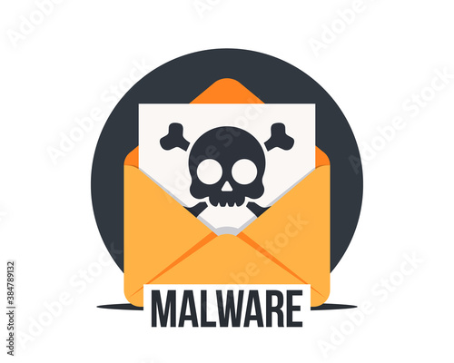 Email with malware, vector icon. Virus, malware, email fraud, e-mail spam, phishing scam, hacker attack concept. Opened mail envelope with infected file