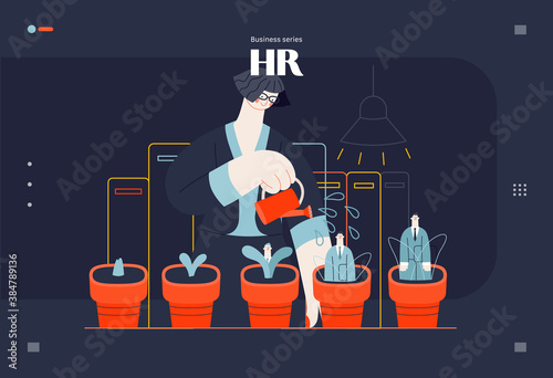 Business topics - human resources, web template, header. Flat style modern outlined vector concept illustration. HR manager, watering flower pots with growing managers in them. Business metaphor.