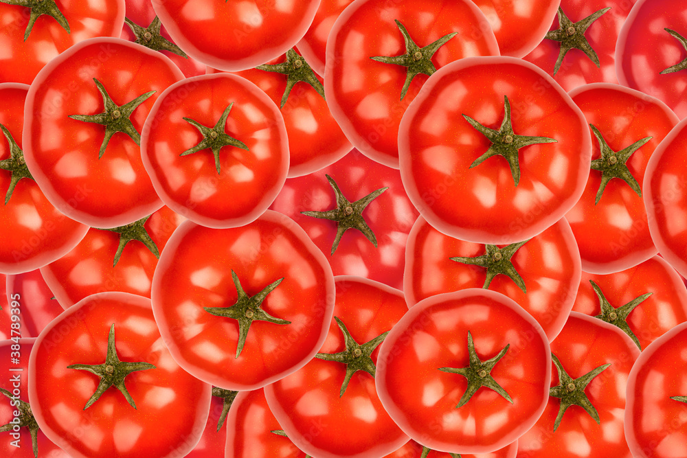tomatoes texture. Lots, top view, red background, vegetarian food