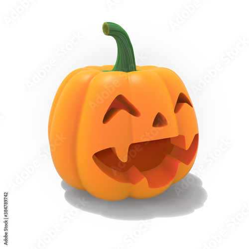 Realistic vector Halloween pumpkin with candle inside. Happy face Halloween pumpkin isolated on white background.