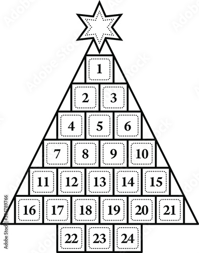 An advent calendar graphic in the shape of a christmas tree. Line style.