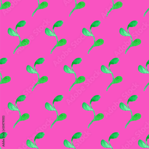 Seamless pattern with fantasy green leaves on pink board. Background for clothes, web and design. Ecology theme. Summer illustration. Print for greeting cards, gift wrap. Jpg file