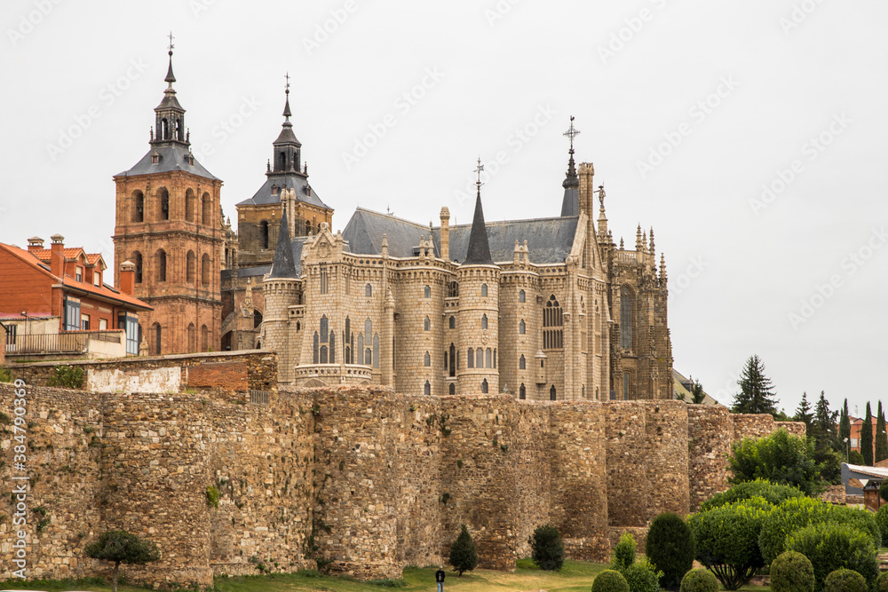 Astorga, Spain. Views of the Gaudi Palace, the Cathedral of Saint Mary, and the city walls
