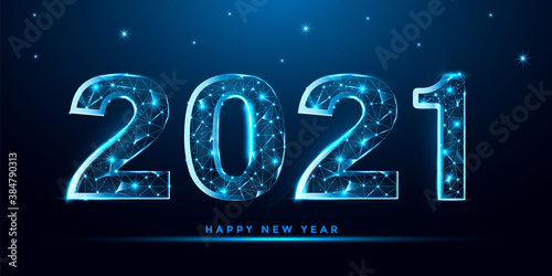 Happy 2021 new year banner design with fireworks from lines, dots, triangles and particle. Geometric polygonal 2021 new year greeting card. Polygon vector wireframe concept. 