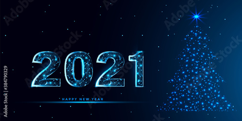 Happy 2021 new year banner design with Christmas tree from lines, dots, triangles and particle. Geometric polygonal 2021 new year greeting card. Polygon vector wireframe concept. 