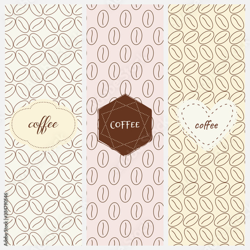 Vector set of stylish design elements and seamless pattern for coffee packaging templates in trendy linear style. Can be used for label, banner, poster, identity, branding.