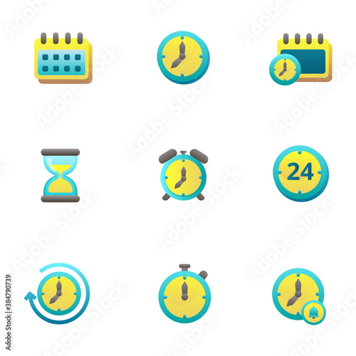 Set of time and date icons in colorful gradient style such as clock, calendar isolated on white background 