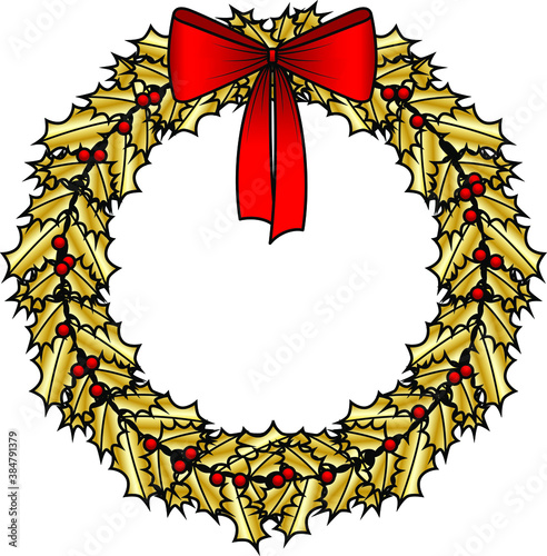 A gold/gilded holly christmas wreath with a red bow.