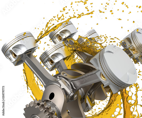 3d illustration of car engine with lubricant oil.  Detalied car engine components with splashes of oil on white background. Engine oil concept.
