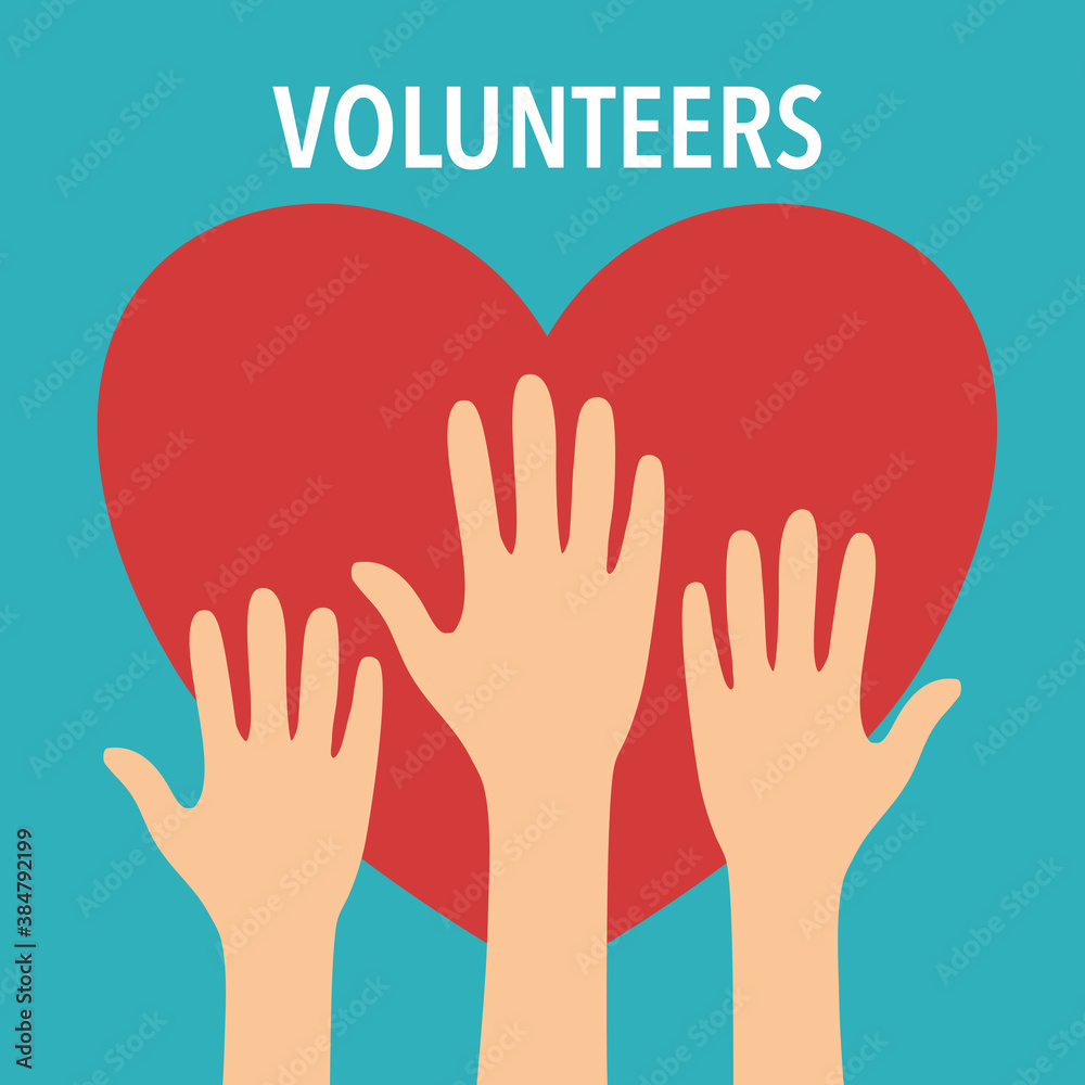 Fototapeta premium Volunteer hands with heart shape on background. People raising hands for charity social activity.