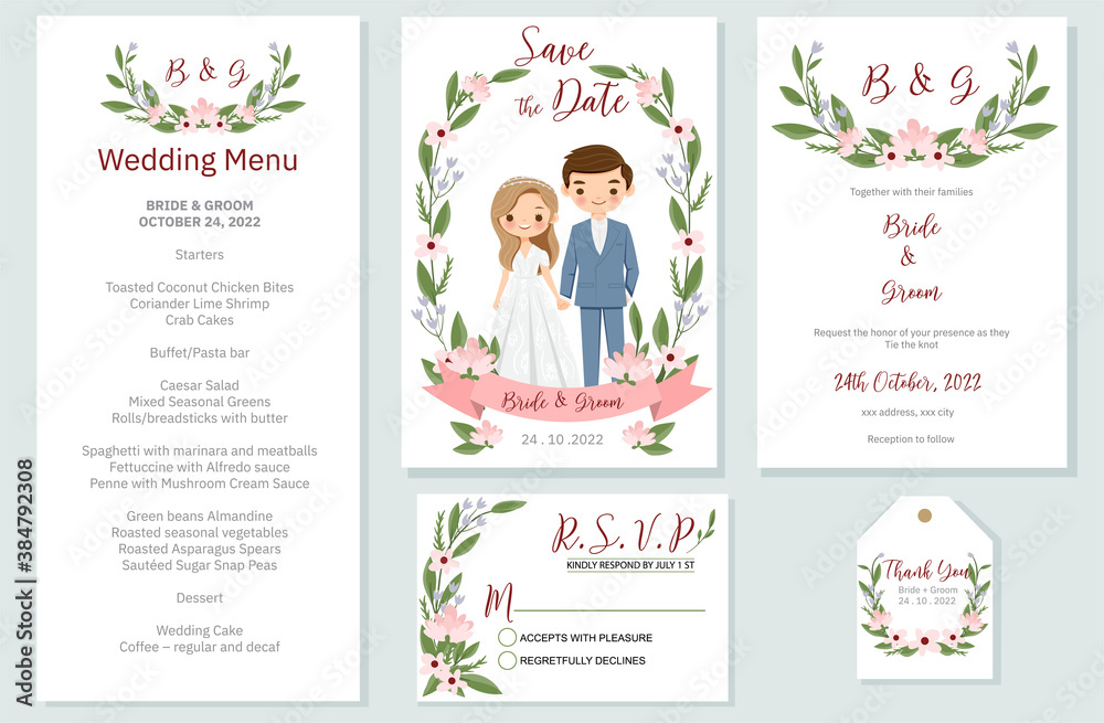 Wedding invite, menu, rsvp, thank you label save the date card Design