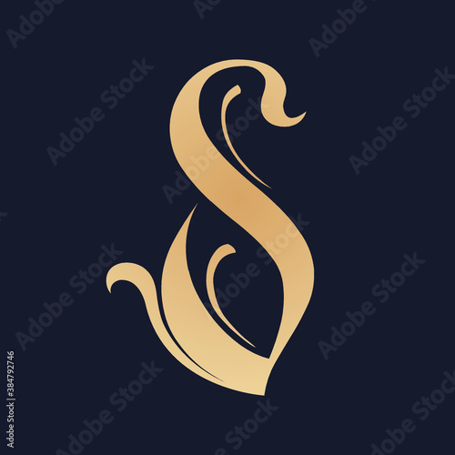 Letter S logo with decorative elements.Ornamental uppercase lettering sign.Royal alphabet initial icon isolated on dark background.Elegant,organic,luxury style character shape.Floral concept.