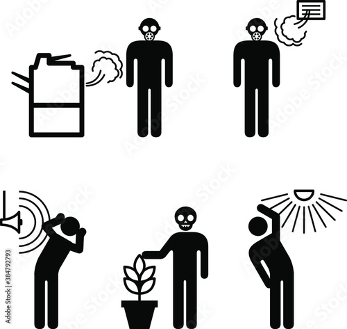 People icons: a variety of environmental hazards in the office/workplace. Equipment fumes, polluted air, poor air conditioning, loud noise, poisonous plants, and glare from excessive light.