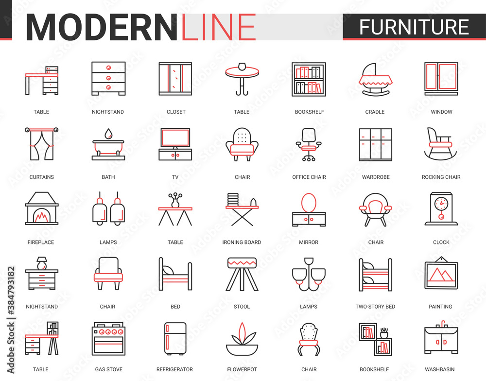 Furniture flat thin red black line icons vector illustration set ...