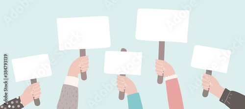 Protest or picket. People holding signs. Activists against descrimination. Vector flat demonstration concept. © elena_garder