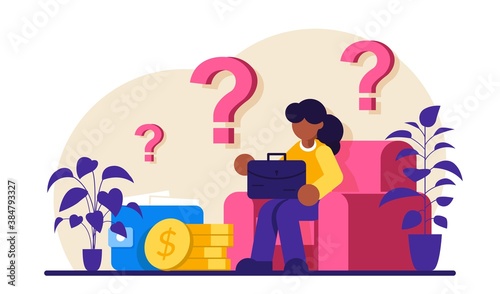 Sad woman concerned about financial problem. Money need and unpaid loan debts. Character, question mark, wallet with cash. Modern flat illustration.