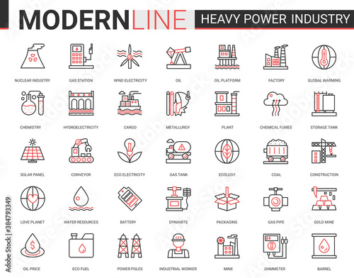 Heavy power industry flat thin red black line icon vector illustration set with outline infographic industrial manufacturing symbols of metallurgy, chemical plant and factory, electricity production photo