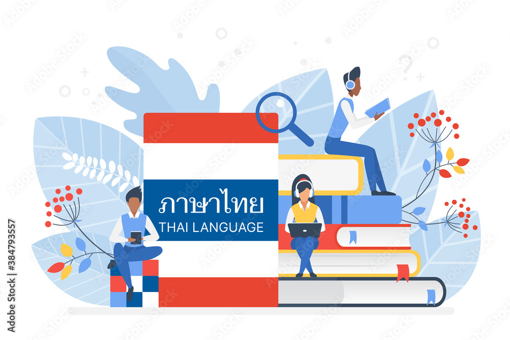 People learning Thai language vector illustration. Thailand distance education, online learning courses concept. Students reading books cartoon characters. Teaching foreign languages