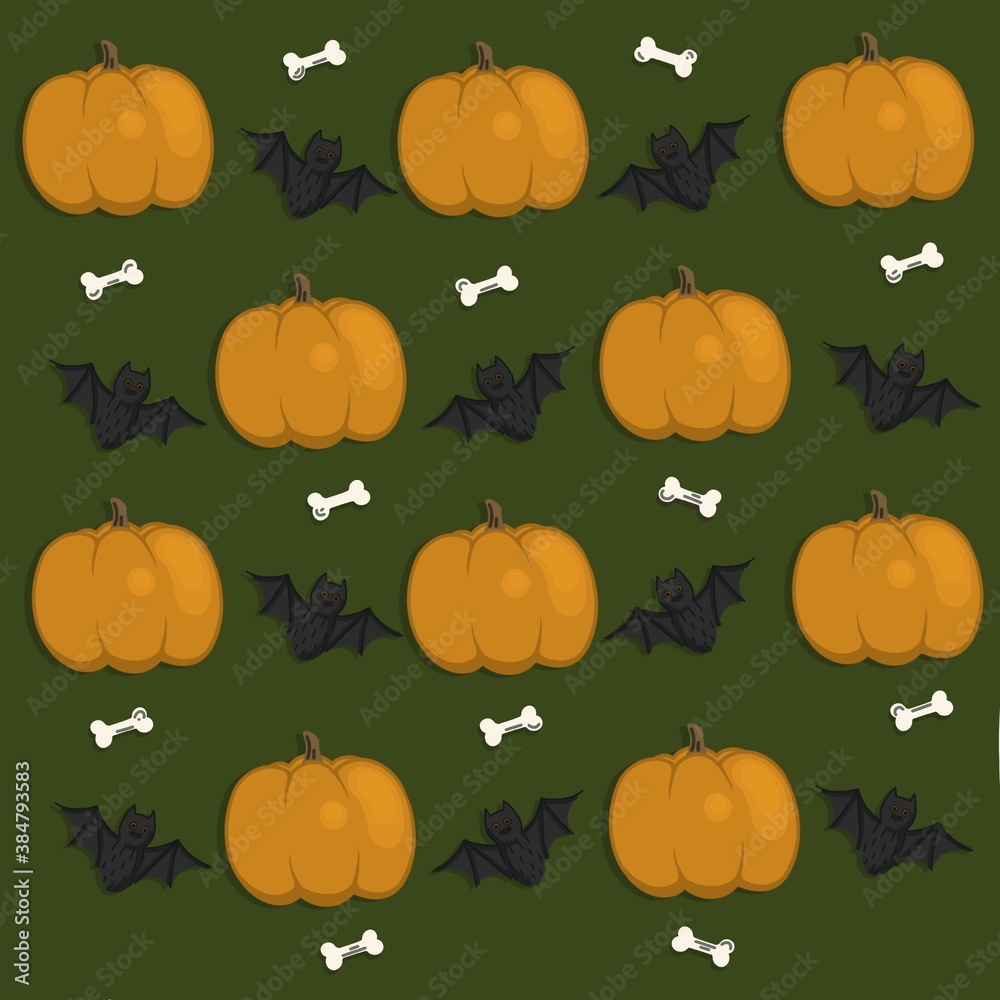 Illustration of a Halloween pumpkin batsman bones pattern