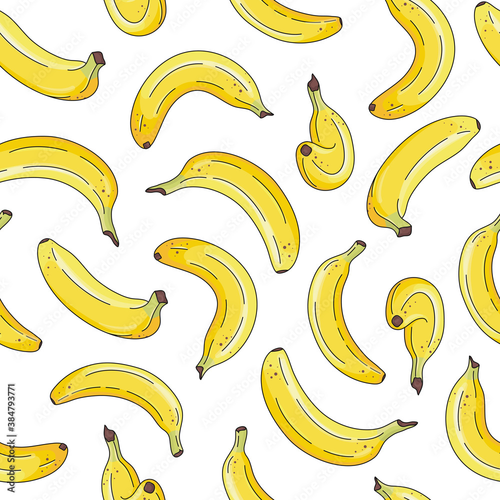 Seamless pattern with cute hand drawn ripe banana fruits isolated on white background. Vector tropical background for package, banner, print, card, fabric, label, advertising, textile, wrapping paper.