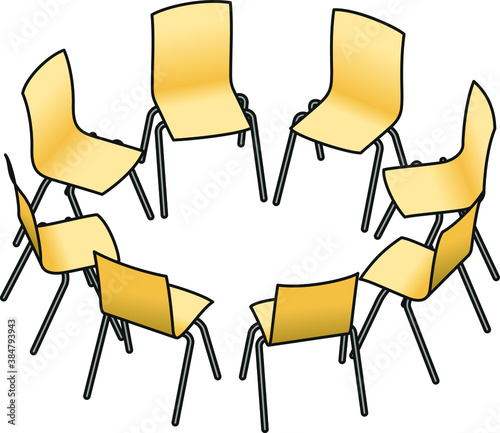 Eight chairs arranged in a circle for group work, or group therapy.