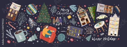 Merry Christmas and Happy New Year! Vector illustrations of cute winter objects: house, car, people, tree, Christmas ball, Christmas tree, snow, interior items, coffee cup, bus. 