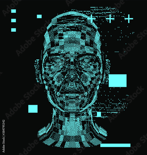 Abstract technology illustration with low poly 3d face mask. Conceptual cover for Artificial intelligence, Facial recognition and Neural Network subjects.