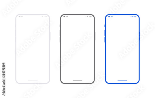 Flat smartphone mockup set white, black and blue colors. Generic mobile phone in front view and empty screen for app design or web site presentation. Outline vector device frame in front side view. photo