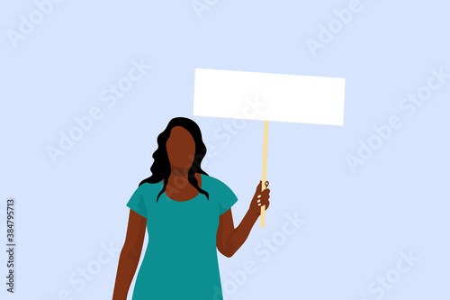 Single woman protester carrying a blank placard, flat design vector illustration