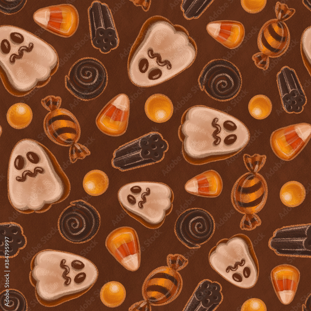 Seamless texture theme of halloween, includes elements of ghost cookie, candy corn, sweets and licorice candies. Autumn wallpaper illustration