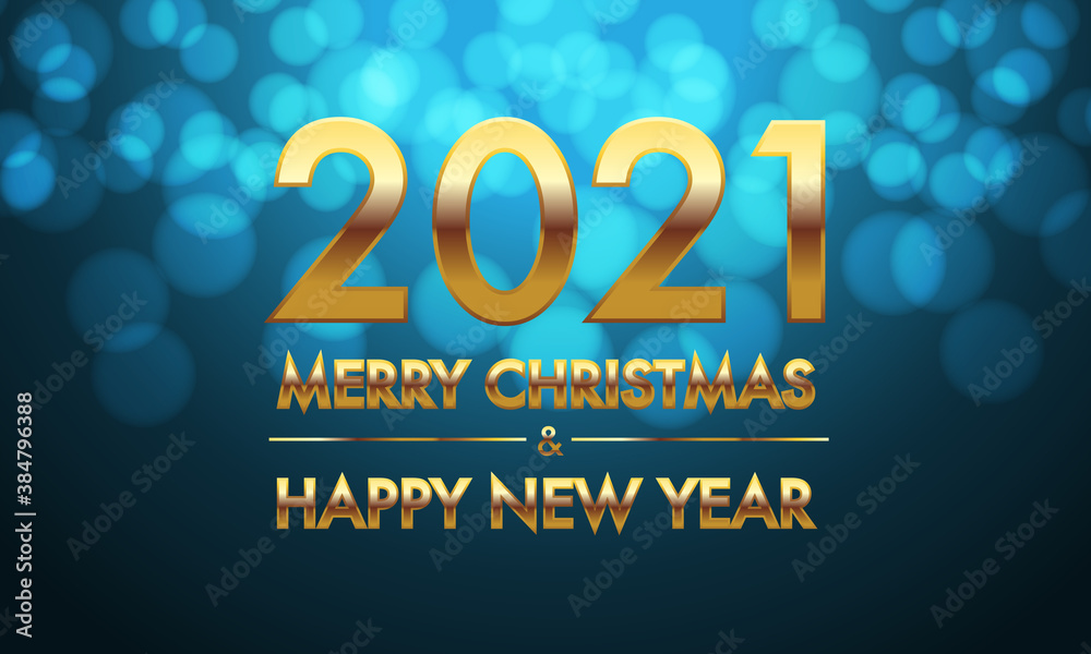 Merry Christmas & Happy New Year 2021 gold number and text on blue bokeh background design for holiday festival celebration countdown vector illustration.