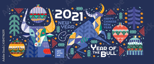 2021. Year of the bull. Vector abstract illustrations for the new year for poster, background or card. Geometric drawings for the year of the bull according to the Eastern Chinese calendar. 