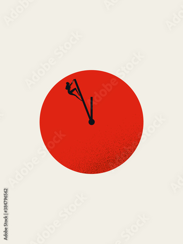 Business deadline vector concept with businesswoman hanging on clock face. Symbol of time management, stress, pressure.