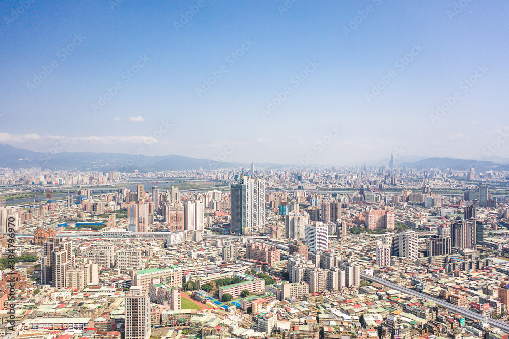 New Taipei City,Taiwan - Feb 1, 2020: This is a view of the Banqiao district in New Taipei where many new buildings can be seen, the building in the center is Banqiao station