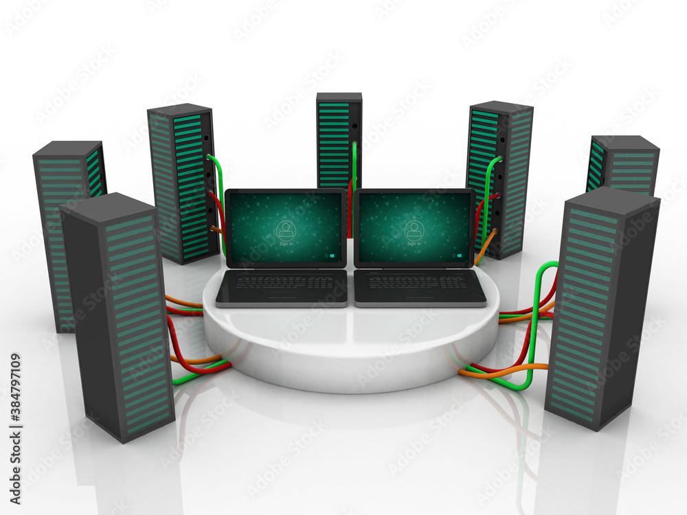 Naklejka premium 3d illustration Data center server connected computer network 