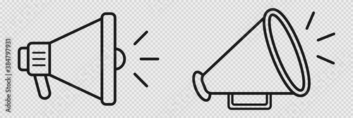Megaphone icon on transparent background. Loudspeaker sign. Isolated bullhorn retro and modern icons. Outline thin speaker. Announcement illustration. Vector EPS 10.