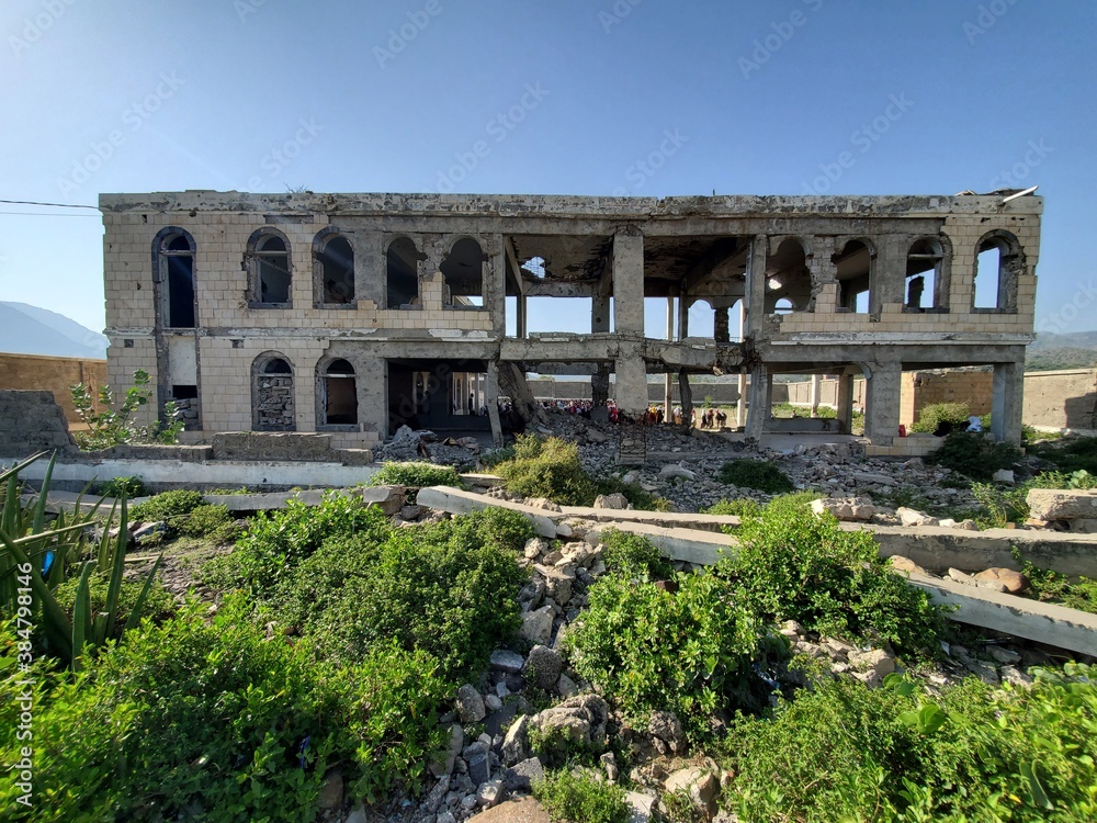A Yemeni school destroyed by the war in the city of Taiz, Yemen 2020