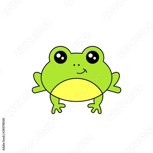 Cute frog smiling. Kawaii style frog drawing. Baby frog looking curious. Funny minimalistic cartoon character. Isolated on white background. Simple kids drawing. Vector illustration, flat, clip art