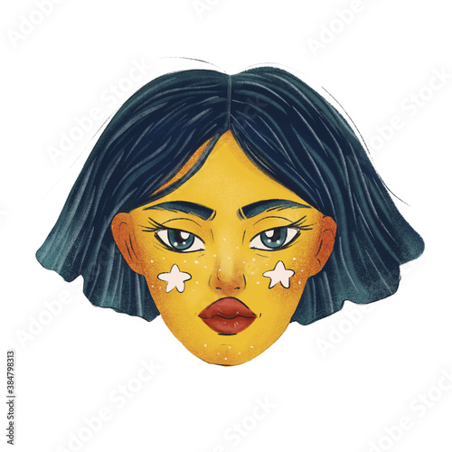 Cute face of a girl. Textural illustration of a female. Realistic woman face for creating fashion prints, postcard, wedding invitations, banners, arrangement illustrations, books, covers.