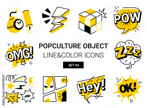 Vector set of different cartoon icon of speech bubble and pop culture object