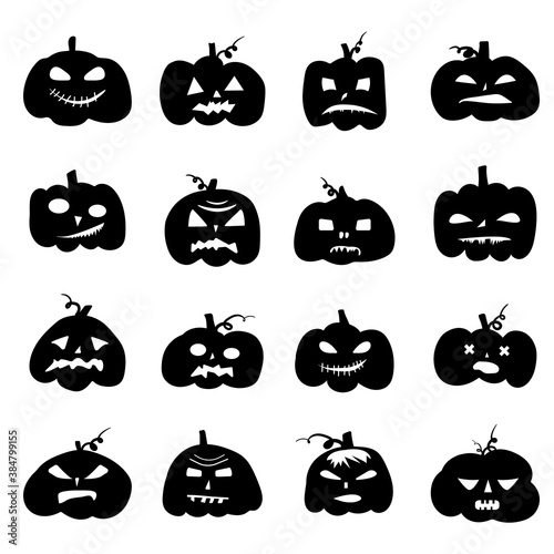Set of carved pumpkins for Halloween, All Hallows 'Eve,All Saints' Eve. Simple isolated icons for celebratory design. Isolated. Vector illustration