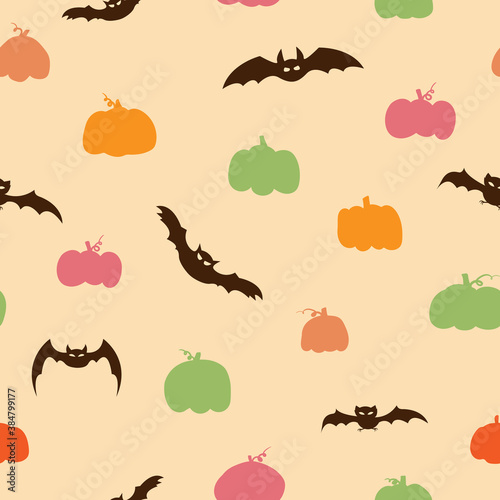 Seamless pattern for Halloween, All Hallows 'Eve,All Saints' Eve. Endless background with multicolored hand drawn pumpkins and bats. Simple bright wallpaper.Vector illustration