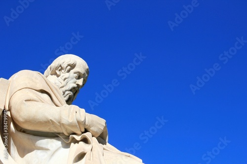 Statue of the ancient Greek philosopher Plato in Athens, Greece, October 9 2020.