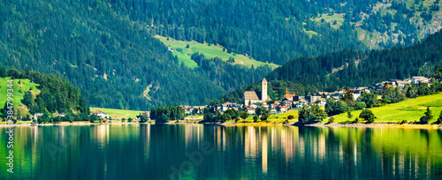 Reschen am See or Resia, a village on Lake Reschen in South Tyrol, Italian Alps