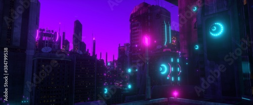 Purple neon night in a cyberpunk city. Futuristic cityscape against deep purple sky. City of a future with bright neon lights. Grunge urban wallpaper. 3D illustration.	