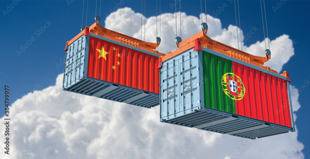 Freight containers with Portugal and China national flags. 3D Rendering