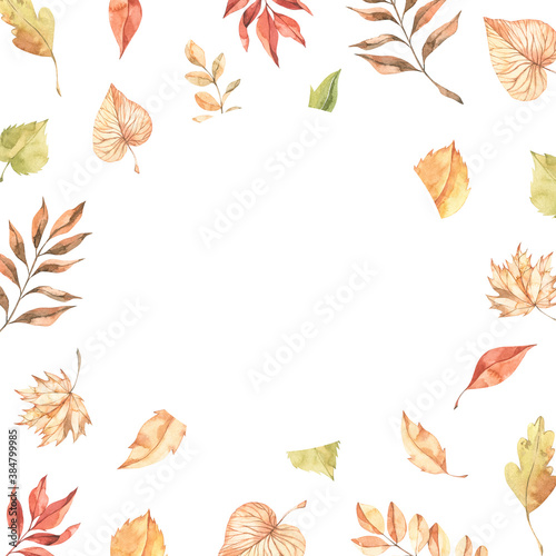 Watercolor Autumn frame with fall leaves. Illustration with maple leaf, orange leaves and branches. Perfect for invitations, greeting posters, prints, social media