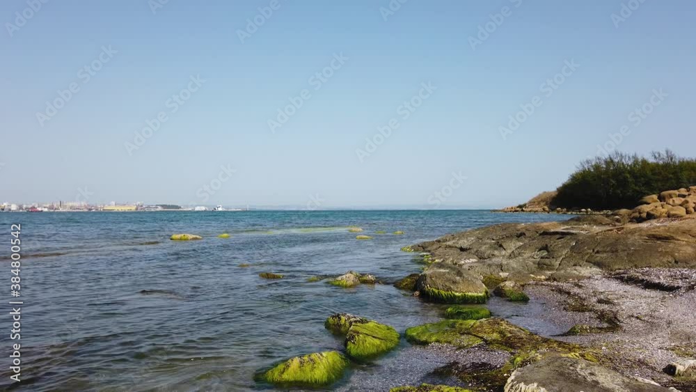 Sea shore with rocks with green algae. Calm sea. Clear blue sky. Port in the distance. Pan left. Slow motion. Autumn in Bulgaria.